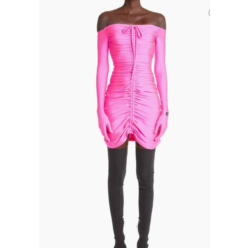 Richard Quinn Ruched Glove Sleeve Off Shoulder Mini Dress UK 6